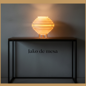 Lámpara de mesa de diseño en madera Jako encendida, ilumina con calidez